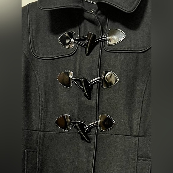 NWT GUESS Black Wool Toggle Pea Coat Classic Winter Detachable Hood Cozy Warm - Picture 4 of 16